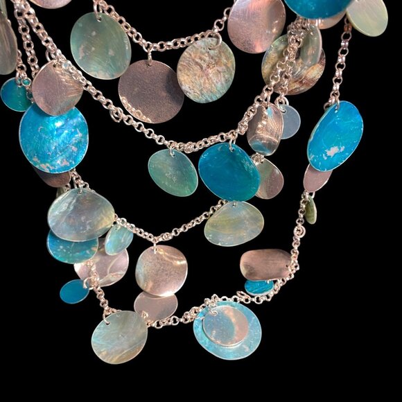 Boho Layered Shell Disc Necklace Earrings Set Blue Beachy Statement Jewelry - Picture 5 of 10